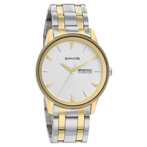[7133bm01] Sonata Quartz Analog with Day and Date Silver Dial Bimetal Strap Watch for Men