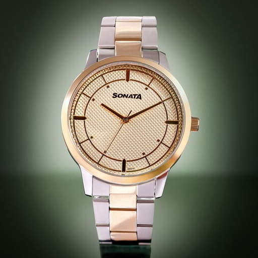 [77148bm01] Sonata Quartz Analog Golden Dial Two Toned Stainless Steel Strap Watch For Men