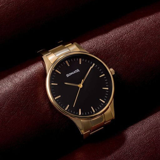 [77144ym03] Sonata Quartz Analog Black Dial Golden Stainless Steel Strap Watch For Men