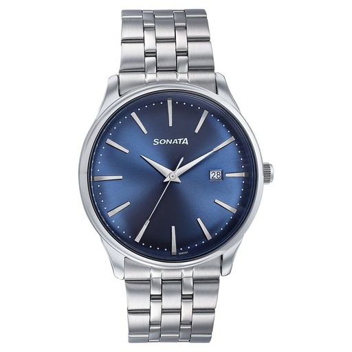[77166sm01] Sonata Wedding Edit Quartz Analog with Date Blue Dial Stainless Steel Strap Watch For Men
