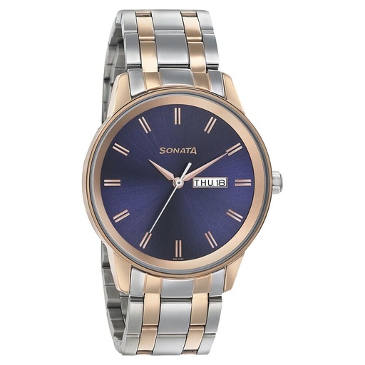 [7133km02] Sonata Quartz Analog with Day and Date Blue Dial Bimetal Strap Watch for Men