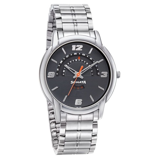 [77031sm06] Sonata RPM Quartz Analog with Day and Date Black Dial Metal Strap Watch for Men