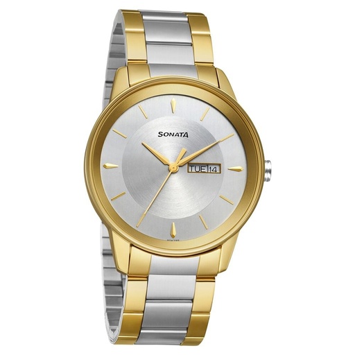 [7133bm03] Sonata Quartz Analog with Day and Date Silver Dial Stainless Steel Strap Watch for Men