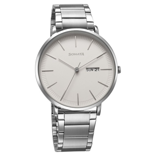 [77150sm01] Sonata Ascent Quartz Analog with Day and Date White Dial Stainless Steel Strap Watch For Men