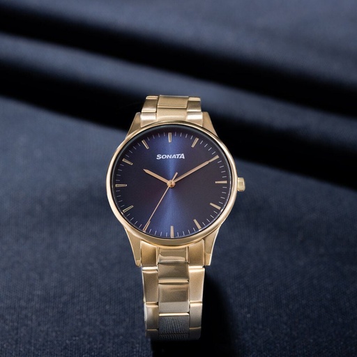 [77144ym01] Sonata Quartz Analog Blue Dial Golden Stainless Steel Strap Watch For Men