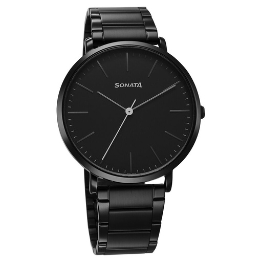 [77150nm01] Sonata Ascent Quartz Analog Black Dial Stainless Steel Strap Watch For Men
