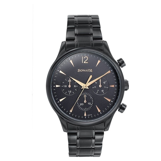 [77146nm01] Sonata Wedding Edit Quartz Multifunction Black Dial Stainless Steel Strap Watch For Men