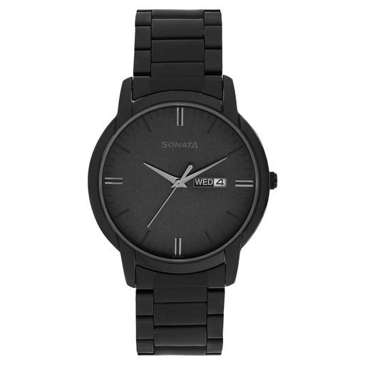 [77031nm03] Sonata Quartz Analog with Day and Date Black Dial Stainless Steel Strap Watch for Men