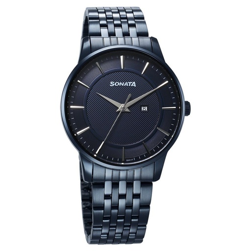 [77153qm01] Sonata Wedding Quartz Analog Blue Dial Stainless Steel Strap Watch For Men