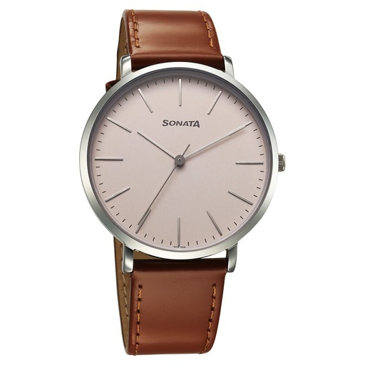[77150sl03] Sonata Ascent Quartz Analog Off White Dial Leather Strap Watch For Men