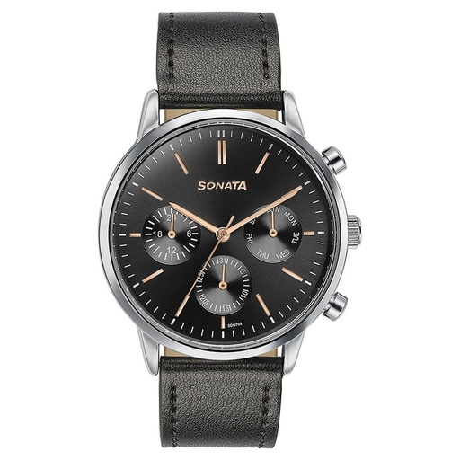 [77139sl03] Sonata Quartz Multifunction Black Dial Black Leather Strap Watch For Men