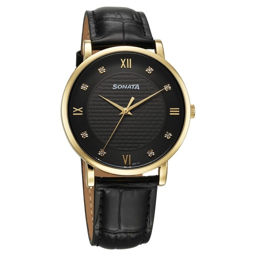 [77155yl02] Sonata Wedding Quartz Analog Black Dial Leather Strap Watch For Men
