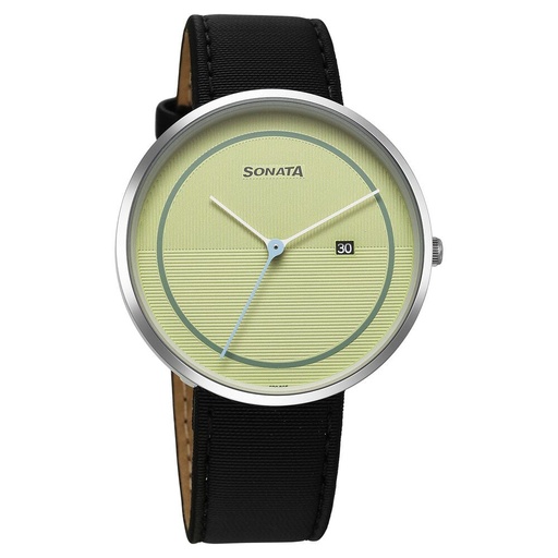 [77152sl04] Sonata Ascent Quartz Analog with Date Green Dial Leather Strap Watch For Men