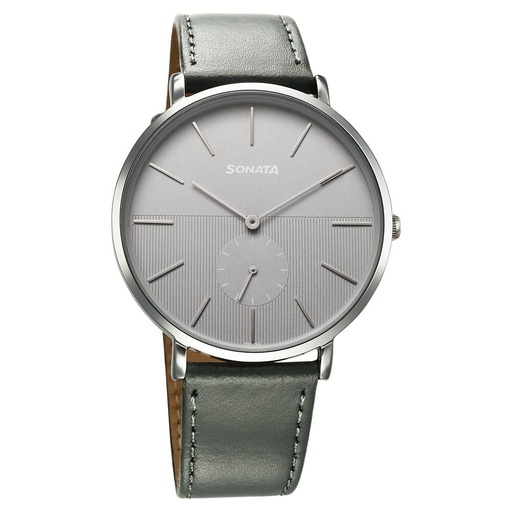 [77150sl08] Sonata Ascent Quartz Analog Grey Dial Leather Strap Watch For Men