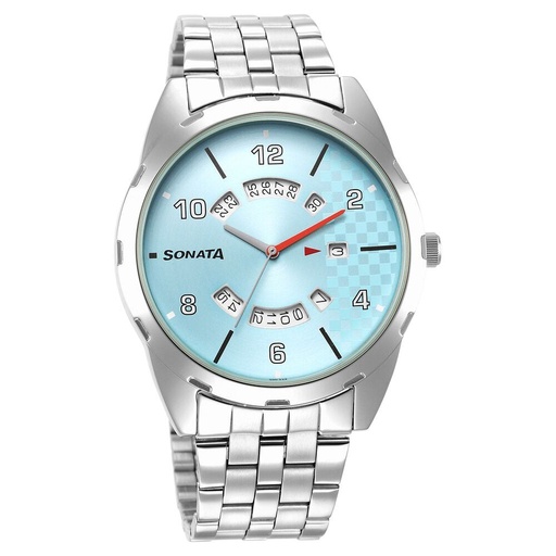 [7149sm01] Sonata RPM Analog with Date Blue Dial Stainless Steel Strap Watch for Men
