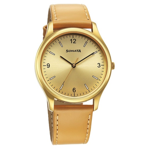 [77082yl07] Sonata Quartz Analog Champagne Dial Watch for Men