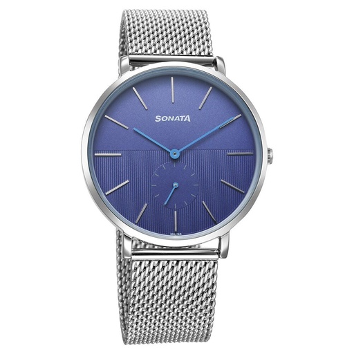 [77150sm04] Sonata Ascent Quartz Analog Blue Dial Stainless Steel Strap Watch For Men