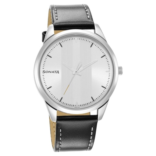 [7146sl01] Sonata Force Quartz Analog Silver Dial Leather Strap Watch for Men