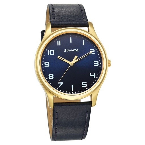 [77082yl10] Sonata Traditional Essentials Quartz Analog Blue Dial Leather Strap Watch for Men