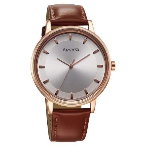 [7131wl06] Sonata Utsav Quartz Analog Silver Dial Leather Strap Watch for Men