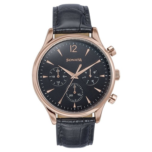 [77146wl02] Sonata Wedding Edit Quartz Multifunction Black Dial Leather Strap Watch For Men