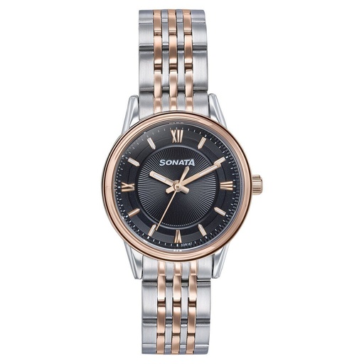 [87076km02] Sonata Wedding Quartz Analog Black Dial Stainless Steel Strap Watch For Women