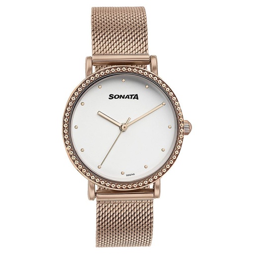 [87066wm01] Sonata Quartz Analog White Dial Rose Gold Stainless Steel Strap Watch For Women
