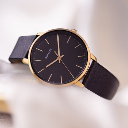 [87069yl01] Sonata Quartz Analog Black Dial Black Leather Strap Watch For Women