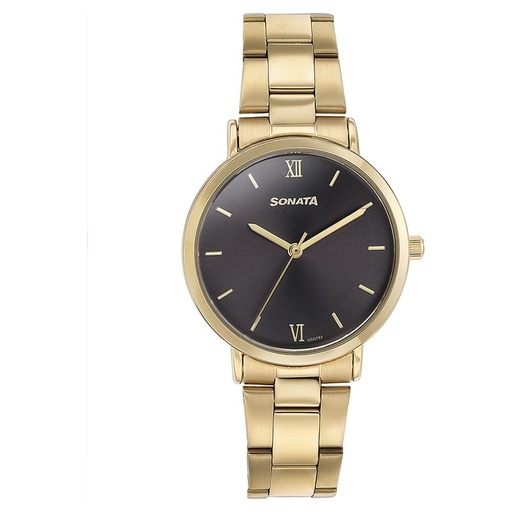 [87071ym01] Sonata Quartz Analog Black Dial Golden Stainless Steel Strap Watch For Women