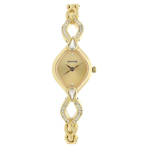 [8063ym04] Sonata Quartz Analog Champagne Dial Metal Strap Watch for Women