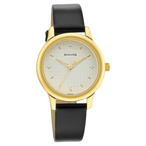 [8178yl02] Sonata Classic Gold White Dial Leather Strap Watch for Women
