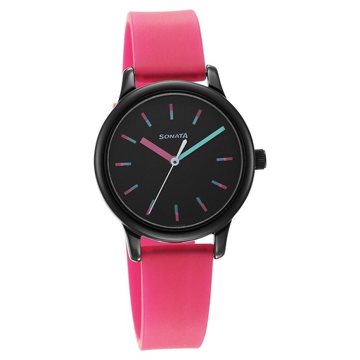 [8178np02] Sonata Splash Black Dial Women Watch With Plastic Strap