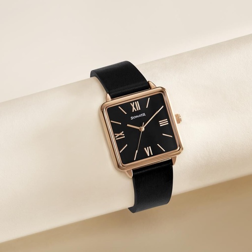 [87068wl01] Sonata Quartz Analog Black Dial Black Leather Strap Watch For Women