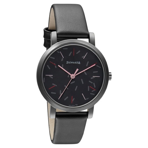 [8164nl05] Sonata Play Black Dial Women Watch With Leather Strap