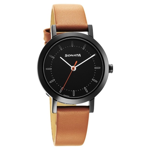 [8174nl03] Sonata Essentials Black Dial Leather Strap Watch for Women