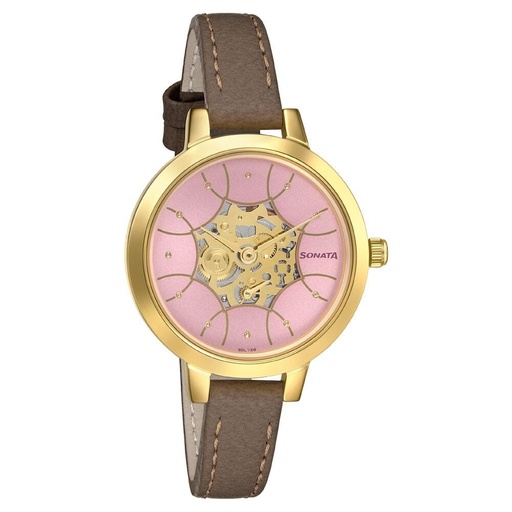 [8141yl02] Sonata Unveil Quartz Multifunction Leather Strap Watch for Women