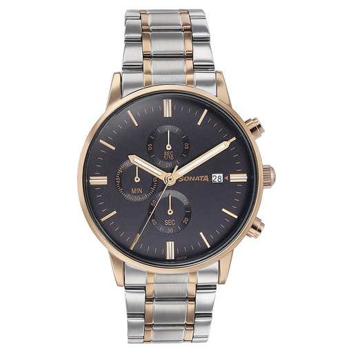 [77145km01] Sonata Quartz Multifunction Black Dial Two Toned Stainless Steel Strap Watch For Men