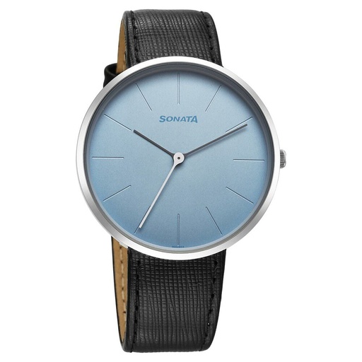 [77152sl03] Sonata Ascent Quartz Analog Blue Dial Leather Strap Watch For Men