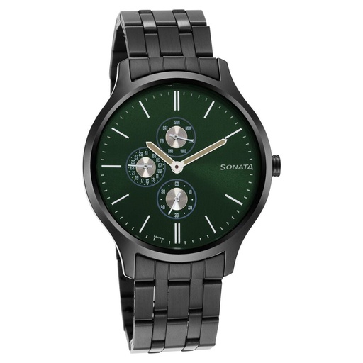 [7140nm02] Sonata Quartz Multifunction Green Dial Stainless Steel Strap Watch for Men