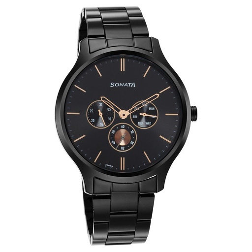 [7140nm01] Sonata Quartz Multifunction Black Dial Stainless Steel Strap Watch for Men