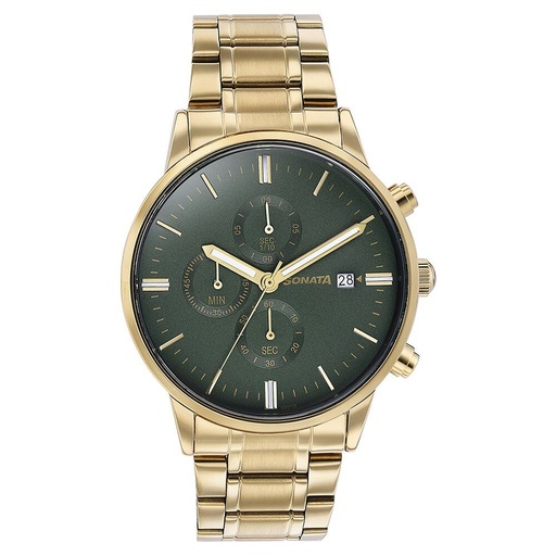 [77145ym01] Sonata Quartz Multifunction Green Dial Golden Stainless Steel Strap Watch For Men