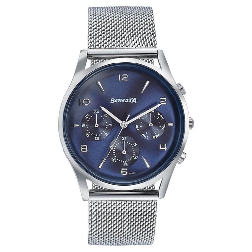 [77140sm02] Sonata Wedding Edit Quartz Multifunction Blue Dial Stainless Steel Strap Watch For Men