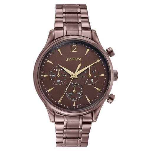 [77146qm01] Sonata Wedding Edit Quartz Multifunction Brown Dial Stainless Steel Strap Watch For Men