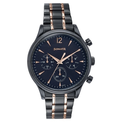 [77146km02] Sonata Wedding Edit Quartz Multifunction Black Dial Stainless Steel Strap Watch For Men