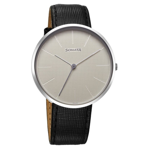[77152sl01] Sonata Ascent Quartz Analog White Dial Leather Strap Watch For Men