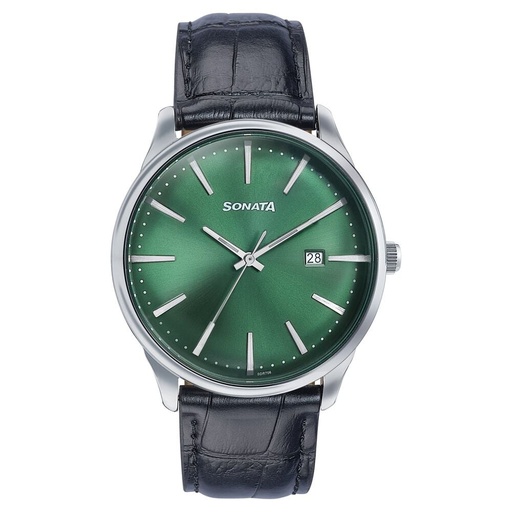 [77166sl01] Sonata Wedding Edit Quartz Analog with Date Green Dial Leather Strap Watch For Men