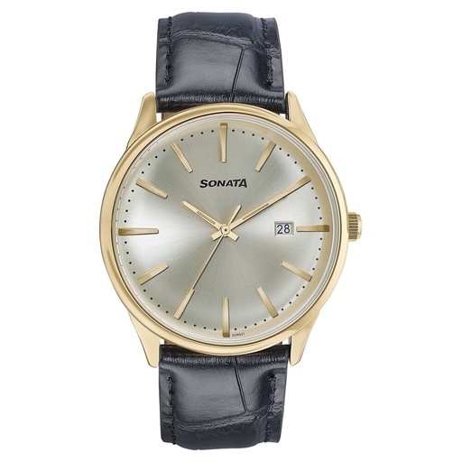 [77166yl01] Sonata Wedding Edit Quartz Analog with Date Golden Dial Leather Strap Watch For Men