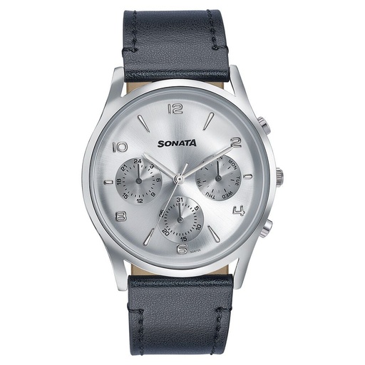 [77140sl02] Sonata Wedding Edit Quartz Multifunction Silver Dial Leather Strap Watch For Men