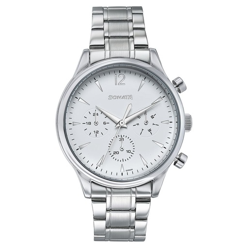 [77146sm01] Sonata Wedding Edit Quartz Multifunction Silver Dial Stainless Steel Strap Watch For Men