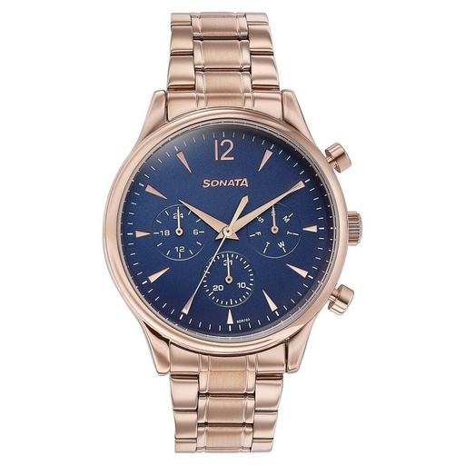 [77146wm01] Sonata Wedding Edit Quartz Multifunction Blue Dial Stainless Steel Strap Watch For Men